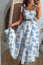 Load image into Gallery viewer, Sky Blue Floral Print Shirred Knot Shoulder Sleeveless Long Dress