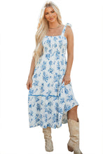 Load image into Gallery viewer, Sky Blue Floral Print Shirred Knot Shoulder Sleeveless Long Dress