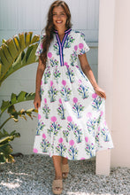 Load image into Gallery viewer, White Floral Puff Short Sleeve V Neck High Waist Maxi Dress