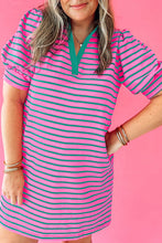 Load image into Gallery viewer, Rose Stripe Collared V Neck Puff Sleeve Shift T Shirt Dress with Pockets