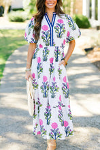 Load image into Gallery viewer, White Floral Puff Short Sleeve V Neck High Waist Maxi Dress
