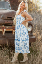 Load image into Gallery viewer, Sky Blue Floral Print Shirred Knot Shoulder Sleeveless Long Dress