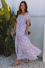 Load image into Gallery viewer, Purple Floral Short Bubble Sleeve Shirred High Waist Maxi Dress