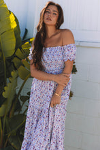 Load image into Gallery viewer, Purple Floral Short Bubble Sleeve Shirred High Waist Maxi Dress