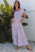 Load image into Gallery viewer, Purple Floral Short Bubble Sleeve Shirred High Waist Maxi Dress