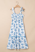 Load image into Gallery viewer, Sky Blue Floral Print Shirred Knot Shoulder Sleeveless Long Dress