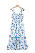 Load image into Gallery viewer, Sky Blue Floral Print Shirred Knot Shoulder Sleeveless Long Dress