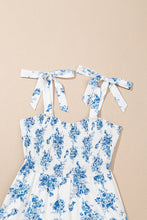 Load image into Gallery viewer, Sky Blue Floral Print Shirred Knot Shoulder Sleeveless Long Dress