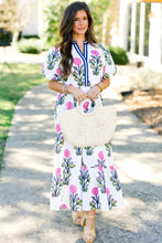Load image into Gallery viewer, White Floral Puff Short Sleeve V Neck High Waist Maxi Dress