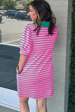 Load image into Gallery viewer, Rose Stripe Collared V Neck Puff Sleeve Shift T Shirt Dress with Pockets