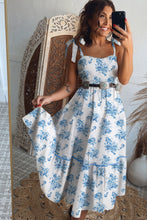 Load image into Gallery viewer, Sky Blue Floral Print Shirred Knot Shoulder Sleeveless Long Dress