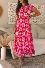 Load image into Gallery viewer, Strawberry Pink Geo Print V-neck Maxi Dress
