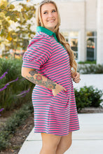 Load image into Gallery viewer, Rose Stripe Collared V Neck Puff Sleeve Shift T Shirt Dress with Pockets
