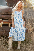 Load image into Gallery viewer, Sky Blue Floral Print Shirred Knot Shoulder Sleeveless Long Dress
