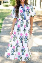 Load image into Gallery viewer, White Floral Puff Short Sleeve V Neck High Waist Maxi Dress