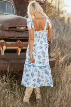 Load image into Gallery viewer, Sky Blue Floral Print Shirred Knot Shoulder Sleeveless Long Dress