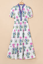 Load image into Gallery viewer, White Floral Puff Short Sleeve V Neck High Waist Maxi Dress