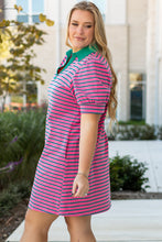 Load image into Gallery viewer, Rose Stripe Collared V Neck Puff Sleeve Shift T Shirt Dress with Pockets
