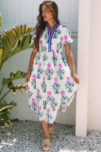 Load image into Gallery viewer, White Floral Puff Short Sleeve V Neck High Waist Maxi Dress
