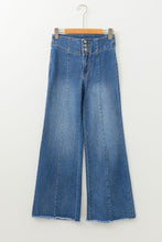 Load image into Gallery viewer, Sail Blue High Waist Button Fly Seamed Raw Hem Flare Jeans