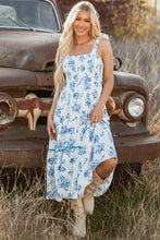 Load image into Gallery viewer, Sky Blue Floral Print Shirred Knot Shoulder Sleeveless Long Dress