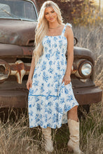 Load image into Gallery viewer, Sky Blue Floral Print Shirred Knot Shoulder Sleeveless Long Dress