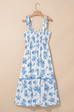 Load image into Gallery viewer, Sky Blue Floral Print Shirred Knot Shoulder Sleeveless Long Dress