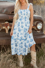 Load image into Gallery viewer, Sky Blue Floral Print Shirred Knot Shoulder Sleeveless Long Dress