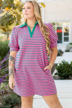 Load image into Gallery viewer, Rose Stripe Collared V Neck Puff Sleeve Shift T Shirt Dress with Pockets