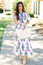 Load image into Gallery viewer, White Floral Puff Short Sleeve V Neck High Waist Maxi Dress
