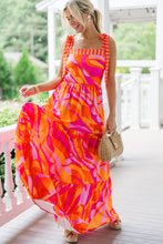 Load image into Gallery viewer, Red Abstract Print Knotted Shoulder High Waist Maxi Dress