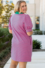 Load image into Gallery viewer, Rose Stripe Collared V Neck Puff Sleeve Shift T Shirt Dress with Pockets