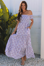 Load image into Gallery viewer, Purple Floral Short Bubble Sleeve Shirred High Waist Maxi Dress