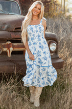 Load image into Gallery viewer, Sky Blue Floral Print Shirred Knot Shoulder Sleeveless Long Dress