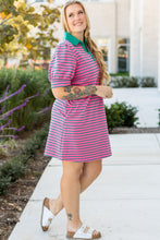 Load image into Gallery viewer, Rose Stripe Collared V Neck Puff Sleeve Shift T Shirt Dress with Pockets