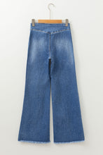 Load image into Gallery viewer, Sail Blue High Waist Button Fly Seamed Raw Hem Flare Jeans