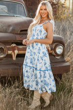 Load image into Gallery viewer, Sky Blue Floral Print Shirred Knot Shoulder Sleeveless Long Dress
