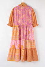 Load image into Gallery viewer, Pink Boho Paisley Floral Mixed Patchwork Tassel Tie Plus Size Midi Dress
