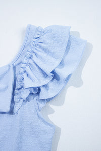 Beau Blue Textured Bow Knot Frilled Butterfly Sleeve Blouse