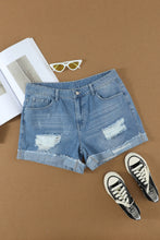 Load image into Gallery viewer, Distressed Ripped Rolled Hem Sky Blue Denim Shorts

