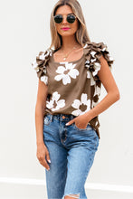 Load image into Gallery viewer, Brown Floral Textured Ruffled Short Sleeve Square Neck Blouse
