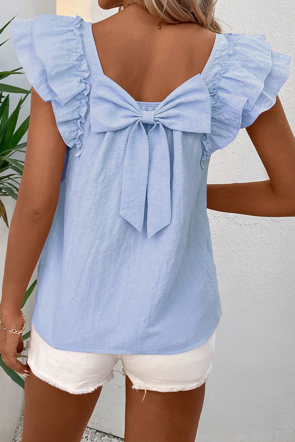 Beau Blue Textured Bow Knot Frilled Butterfly Sleeve Blouse