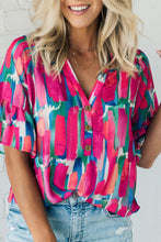 Load image into Gallery viewer, Rose Abstract Brushwork Print Buttoned V Neck Blouse
