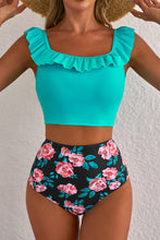 Load image into Gallery viewer, Sea Green Solid Ruffled Square Neck Swim Top and Floral Shorts Bikini Set
