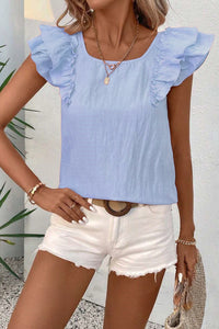 Beau Blue Textured Bow Knot Frilled Butterfly Sleeve Blouse