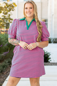 Rose Stripe Collared V Neck Puff Sleeve Shift T Shirt Dress with Pockets