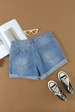 Load image into Gallery viewer, Distressed Ripped Rolled Hem Sky Blue Denim Shorts
