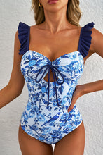 Load image into Gallery viewer, Blue Cutout Ruffled Spaghetti Strap One-Piece Swimwear
