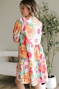 Pink Floral Puff Sleeve Collar Buttoned Babydoll Dress