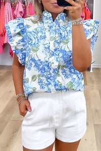 Sky Blue Floral Print Ruffle Sleeve Frilly Button Up Shirt